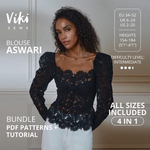May include: Black lace blouse with long sleeves and a square neckline. The image includes text that reads "Viki SEWS BLOUSE ASWARI" and "BUNDLE PDF PATTERNS + TUTORIAL". The difficulty level is intermediate. Sizes EU 34-52, UK 6-24, US 2-20. Heights 154-184 cm (5'1"-6'1").