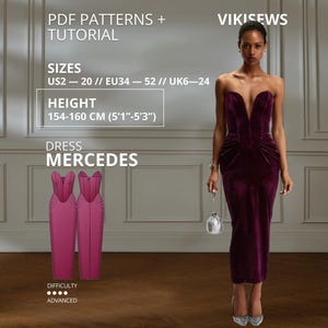May include: A deep purple velvet strapless midi dress with a plunging V-neckline and gathered waist detail. The image includes text: PDF PATTERNS + TUTORIAL, VIKISEWS, SIZES US2-20, HEIGHT 154-160 CM (5'1"-5'3"), DRESS MERCEDES, and DIFFICULTY ADVANCED.