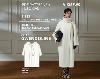 Gwendoline Coat Sewing Pattern sizes EU 34-52 Height 162-168 Long Coat Pattern Oversized Coat Sewing Tutorial Lined Overcoat Plus Size Coat