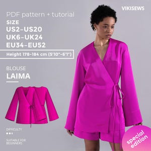 Può includere: Un completo composto da blusa e pantaloncini avvolgenti color magenta. L'immagine include un modello e un tutorial per la blusa "LAIMA", con informazioni sulle taglie per le taglie USA, UK ed EU. Il livello di difficoltà è adatto ai principianti. L'altezza del modello è di 178-184 cm.
