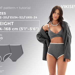 May include: A woman wearing a gray bra and high-waisted briefs with white trim, paired with a gray blazer. The image includes text: "PDF pattern + tutorial", "SIZES US2-20", "HEIGHT 154-168 cm (5'1"-5'6")", and "BRIEFS RIKO".