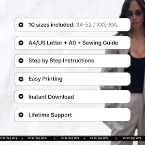 May include: Image features a woman in a light-colored suit. Text on the left lists features: 10 sizes included (34-52/XXS-XXL), A4/US Letter + A0 + Sewing Guide, Step by Step Instructions, Easy Printing, Instant Download, and Lifetime Support.