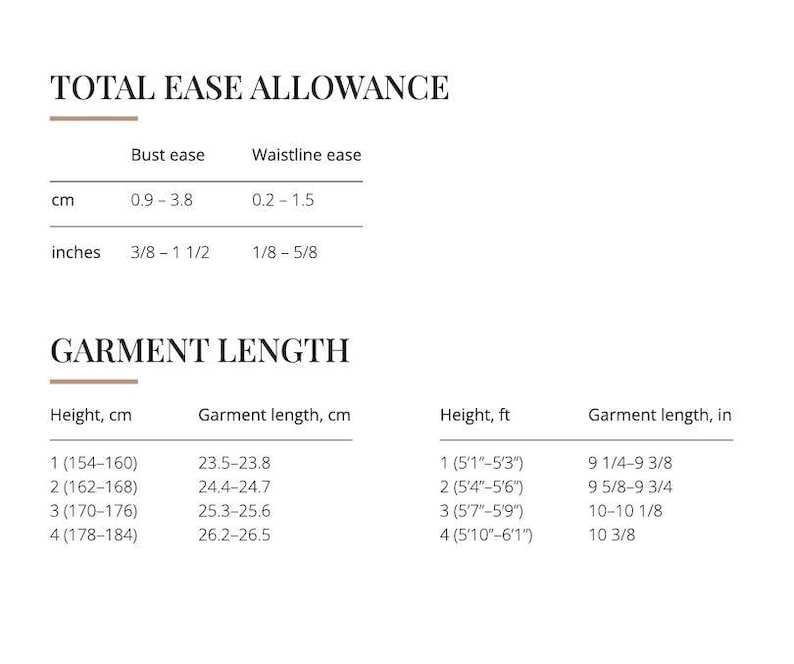 May include: A sizing chart titled TOTAL EASE ALLOWANCE and GARMENT LENGTH. It lists bust and waistline ease in cm and inches, and garment length based on height in cm and feet. The table provides four height ranges and corresponding length values.