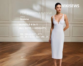 Malena Dress pdf Sewing Pattern Bundle EU 34-52 Fitted Midi Dress Pattern Lace Cup Evening Dress Princess Seam Dress Height 154-184 cm