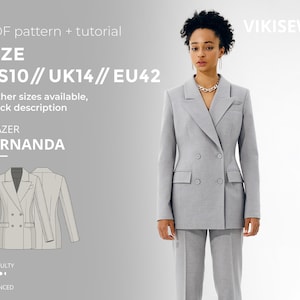 Può includere: Un blazer grigio chiaro doppiopetto e pantaloni abbinati. Il blazer, chiamato "Fernanda", ha una vestibilità sartoriale con due file di bottoni e revers a lancia. L'immagine include anche un modello e un tutorial per il blazer. Taglia US10, UK14, EU42.