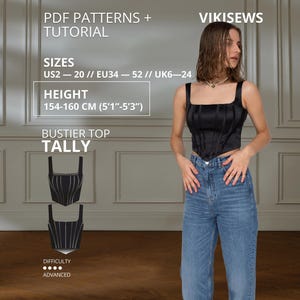 May include: A black bustier top with a square neckline and vertical seam detailing, paired with blue denim jeans. Text on the image includes PDF PATTERNS + TUTORIAL, VIKISEWS, SIZES US2-20, HEIGHT 154-160 CM (5'1"-5'3"), BUSTIER TOP TALLY, and DIFFICULTY ADVANCED.