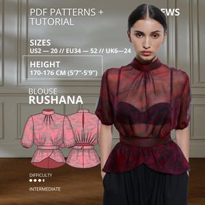 May include: A PDF sewing pattern for the Rushana blouse, featuring a high-neck, short-sleeved design with a peplum waist. The pattern includes sizes US 2-20, EU 34-52, and UK 6-24, designed for a height of 170-176 cm (5'7"-5'9"). Difficulty is intermediate.