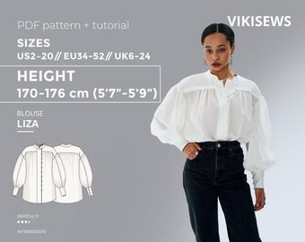 Liza blouse 170-176 height US sizes 2 - 20 pattern, sewing pattern with tutorial