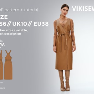 May include: A woman wearing a tan wrap dress with a belt, boots, and long sleeves. The image includes text that says "PDF pattern + tutorial", "SIZE US6 // UK10 // EU38", and "DRESS ARYA". The difficulty level is listed as intermediate.