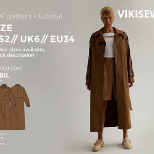 May include: A woman models a long brown trench coat. The image includes text indicating a PDF pattern and tutorial for the "SYBIL" trench coat, with sizes US2, UK6, and EU34 available. The difficulty level is marked as advanced.