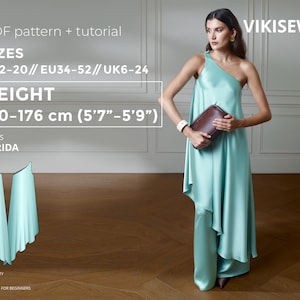Farida Dress pdf Sewing Pattern EU 34-52 UK 6-24 US 2-20| Dress Sewing Pattern Bias Cut Dress One Shoulder Slip Dress Height 170-176 cm