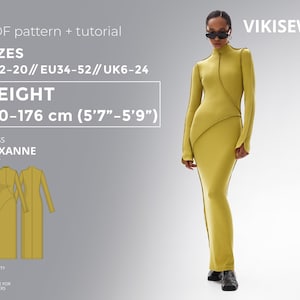 Roxanne Dress PDF Schnittmuster mit Nähanleitung, Größe EU34-EU52 für 170-176 cm Körpergröße