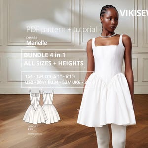 May include: A white sleeveless dress with a square neckline and a fitted bodice featuring vertical seams, transitioning into a flared skirt. Text includes VIKISEWS, PDF pattern + tutorial, DRESS Marielle, BUNDLE 4 in 1, ALL SIZES + HEIGHTS, 154-184 cm (5'1"-6'1"), US2-20, EU34-52, UK6-24.