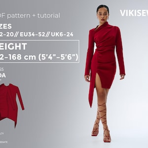 Jada asymmetrical dress 162-168 height US sizes 2-20 pattern, draped dress, slit dress, long sleeve tight dress sewing pattern with tutorial