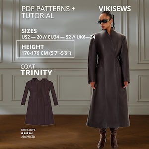 以下が含まれることがあります： VIKISEWSのTrinityとラベル付けされた、ハイカラーと長袖のダークブラウンのロングコート。画像には、PDFパターンとチュートリアル、サイズUS 2-20、EU 34-52、UK 6-24、身長170-176 cmのテキストが含まれています。