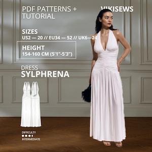 Patrón de costura en PDF del vestido Sylphrena: vestido largo con espalda descubierta y escote en V profundo, de punto. Elegante vestido fruncido. Tallas: EU 34-52, US 2-20. Altura: 154-160 cm.