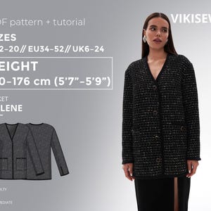 May include: A black and white tweed jacket with a V-neck and button closure. The image includes text indicating the jacket pattern is available in sizes US2-20, for heights 5'7"-5'9". The difficulty level is intermediate.