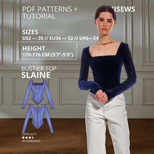 Slaine Bustier Top Naaipatroon PDF Fluweel Korset Top Patroon Baleinen Bustier Naaipatroon Top met Vierkante Hals EU 34–52 Lengte 170-176 cm