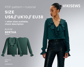 Bertha blouse sewing pattern with tutorial size US 6 UK 10 EU 38