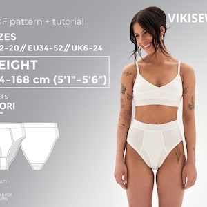 May include: White briefs and a matching bralette are shown in this image. The text on the image says "PDF pattern + tutorial", "SIZES US2-20", "HEIGHT 5'1"-5'6"", and "BRIEFS SAORI". The difficulty level is suitable for beginners.