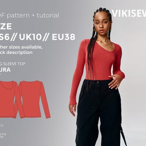 Könnte beinhalten: Eine Frau trägt ein rotes Langarm-Top und eine schwarze Hose. Das Top hat einen asymmetrischen Ausschnitt. Das Bild enthält eine Zeichnung des Tops und den Text "PDF pattern + tutorial", "SIZE US6// UK10// EU38" und "LONG SLEEVE TOP LAURA".