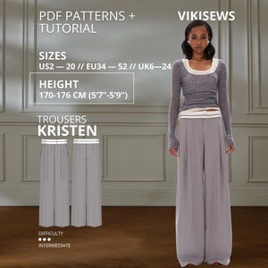 Op de afbeelding: Een digitaal PDF-naaipatroon voor de Kristen-broek van Vikisews. Het patroon bevat instructies voor maten US 2-20, EU 34-52 en UK 6-24, ontworpen voor lengtes van 170-176 cm. Het ontwerp met gemiddelde moeilijkheidsgraad toont een wijde broek.