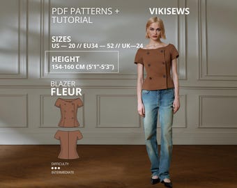 Fleur Jacket PDF Sewing Pattern with Tutorial, Double Breast Jacket Sewing Pattern Size EU34-EU52 for 154-160 cm Height