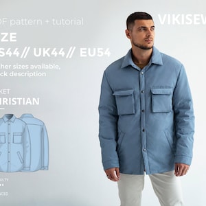 May include: A light blue jacket with four front pockets and a button-up closure. The jacket is worn by a person and is part of a PDF pattern and tutorial. The text on the image says "JACKET CHRISTIAN" and "US44// UK44// EU54". The difficulty level is advanced.