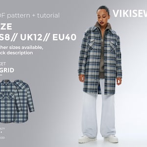 May include: A woman wearing a blue, gray, and white plaid jacket with a zipper over a brown sweater and white pants. The image includes the text "VIKISEWS", "JACKET INGRID", and size information: US8, UK12, EU40. The difficulty level is advanced.