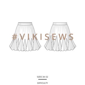 May include: Line drawing of two skirts with pleated hems. The text "SHILIN" is at the top, and "#VIKISEWS" is across the skirts. Below, it says "SIZES 34-52" and "DIFFICULTY INTERMEDIATE".
