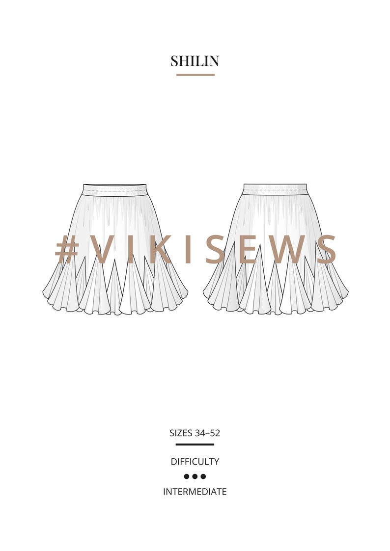 May include: Line drawing of two skirts with pleated hems. The text "SHILIN" is at the top, and "#VIKISEWS" is across the skirts. Below, it says "SIZES 34-52" and "DIFFICULTY INTERMEDIATE".