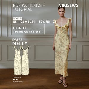 May include: A PDF sewing pattern for the Nelly dress by Vikisews. The dress is light yellow with a small floral print, featuring ruffled sleeves, a tie-front neckline, and a midi-length hem. Includes sizing for US 20, EU 34-52, UK 24, and heights 5'1"-5'3".