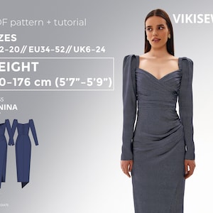 May include: A navy blue dress with long sleeves and a sweetheart neckline. The image includes the text "PDF pattern + tutorial", "SIZES US2-20", "HEIGHT 170-176 cm (5'7"-5'9")", and "DRESS YANINA". The difficulty level is intermediate.
