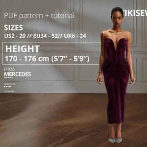 Molde para costura de vestido corset Mercedes, tamanhos EU 34-52, US 2-20, altura 170-176 cm, bustiê de veludo, PDF, vestido estético com costura princesa e barbatanas. Tutorial em PDF.