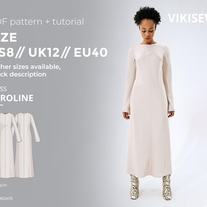 Könnte beinhalten: Ein cremefarbenes Kleid mit langen Ärmeln und Bootsausschnitt, gezeigt an einem Model. Das Bild enthält eine Musterskizze und Text, der darauf hinweist, dass das Kleid "Caroline" heißt und in den Größen EU 40, UK 12 und US 8 erhältlich ist. Der Schwierigkeitsgrad ist mittel.