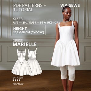 Może przedstawiać: Biała sukienka Marielle z kwadratowym dekoltem, dopasowanym gorsetem i rozkloszowaną spódnicą. Obraz zawiera tekst: PDF PATTERNS + TUTORIAL, VIKISEWS, SIZES US2-20, EU34-52, UK6-24, HEIGHT 162-168 CM, DRESS MARIELLE, DIFFICULTY ADVANCED.