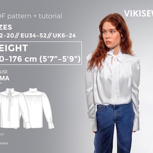 May include: A white satin blouse with a tie-neck detail and long sleeves, paired with blue jeans. The image also includes a pattern and tutorial for the "ALMA" blouse, with sizes US2-20 and a height range of 5'7"-5'9". The difficulty level is intermediate.