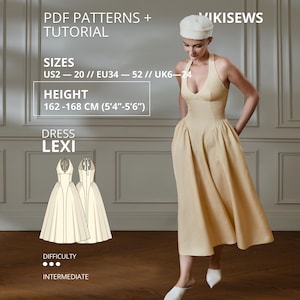May include: A beige midi dress with a halter neckline and a full skirt, featuring a fitted bodice and side pockets. Text includes PDF PATTERNS + TUTORIAL, VIKISEWS, SIZES US2-20, HEIGHT 162-168 CM (5'4"-5'6"), DRESS LEXI, and DIFFICULTY INTERMEDIATE.