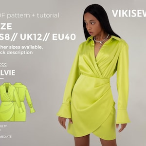 May include: A woman in a chartreuse wrap dress with long sleeves. The image promotes a PDF pattern and tutorial for the "Sylvie" dress, available in sizes US8, UK12, and EU40, with other sizes available. The difficulty level is intermediate.