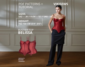 May include: A deep red bustier top with thin straps and a structured bodice, labeled Belissa by Vikisews. The image includes PDF patterns and tutorial text, size ranges from US 2-20, and height specifications of 162-168 cm (5'4"-5'6").