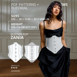 May include: A Zania bustier top sewing pattern featuring a white corset-style bodice with front metal clasps and a back lace-up design. The digital file includes instructions for sizes US 2-20, EU 34-52, and UK 6-24, designed for heights 5'7"-5'9".