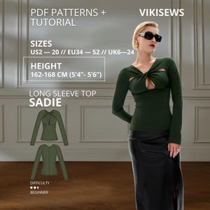 Patron de couture PDF pour haut à manches longues avec tutoriel - Sadie, taille EU34-EU52 pour une hauteur de 162-168 cm