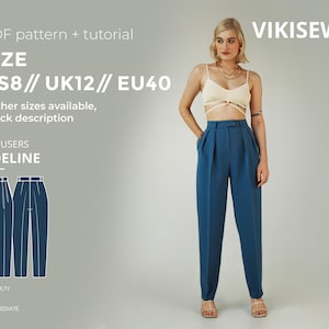 May include: A woman wearing a cream-colored top and teal trousers. The trousers are high-waisted with pleats. The image includes text that reads "PDF pattern + tutorial", "SIZE US8 // UK12 // EU40", and "TROUSERS ADELINE".