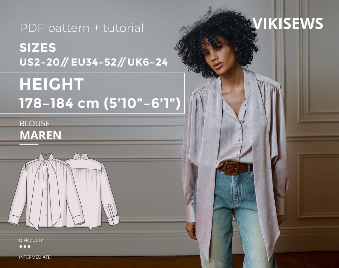 Maren Blouse Sewing Pattern PDF Romantic Tie Neck Blouse Designer Shirt ...