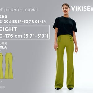 Pode incluir: Uma mulher veste calças verde-oliva com botões grandes e um top preto. A imagem inclui texto que indica que o padrão é para os tamanhos EU34-52, UK6-24 e US2-20, com uma altura de 170-176 cm. O padrão é para as calças Carla.