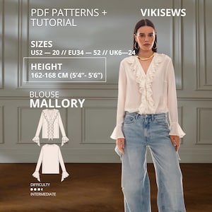 May include: A white long-sleeve blouse with a ruffled V-neckline and flared cuffs, paired with light blue denim jeans. The image includes text: PDF PATTERNS + TUTORIAL, VIKISEWS, SIZES US2-20, HEIGHT 162-168 CM (5'4"-5'6"), BLOUSE MALLORY, INTERMEDIATE.