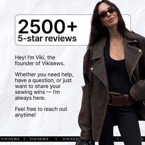 May include: A woman wearing a brown leather jacket, black top, and black pants. The image includes the text "2500+ 5-star reviews" and "Hey! I'm Viki, the founder of Vikisews."