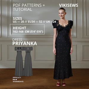 Op de afbeelding: Een zwarte midi-jurk met pofmouwen, een hartvormige halslijn met zwarte kanten afwerking en een subtiel rood stippenpatroon. De tekst bevat PDF PATTERNS + TUTORIAL, VIKISEWS, SIZES US 20, EU 34-52, UK 24, HEIGHT 162-168 CM, DRESS PRIYANKA.