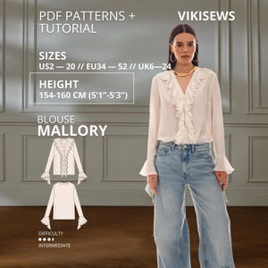 Può includere: Una camicetta bianca a maniche lunghe con scollo a V, abbottonatura frontale con volant e polsini svasati, abbinata a jeans azzurri a gamba larga. Testo: PDF PATTERNS + TUTORIAL, VIKISEWS, SIZES, HEIGHT 154-160 CM, BLOUSE MALLORY.