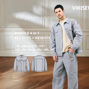 May include: A light blue denim jacket and matching trousers set with a beige t-shirt. The text reads VIKISEWS, PDF pattern + tutorial, BUNDLE 4 in 1, ALL SIZES + HEIGHTS, 170 - 200 cm (5'5" - 6'6"), US2 - 20 // EU34 - 52 // UK6 - 24, DIFFICULTY ADVANCED.